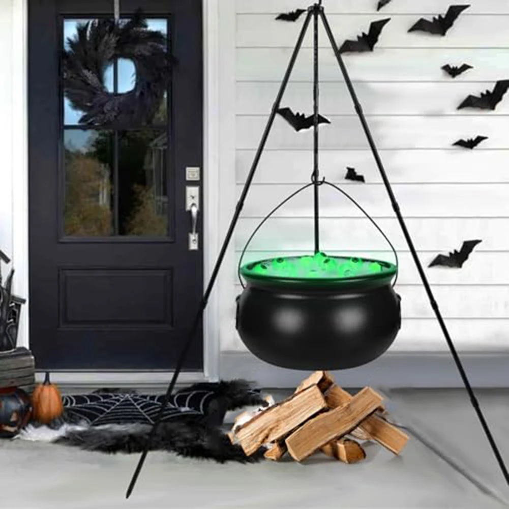 Witches Cauldron Halloween Decoration with Green Eyeballs and Iron Tripod Stand for Outdoor Use 30 7 Inch Height