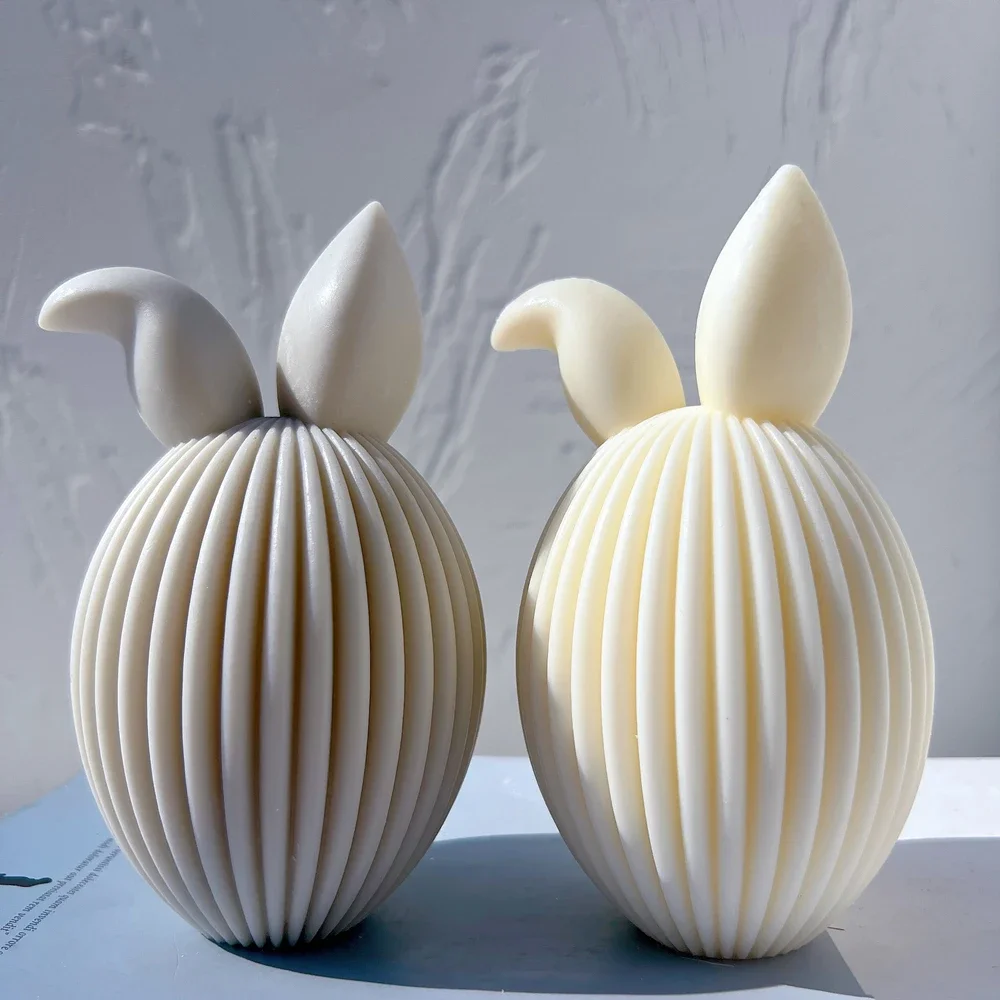 Ribbed Egg Rabbit Ear Candle Mold For Easter Decor Aesthetic Silicone Mould Geometric Striped Soy Wax Mold