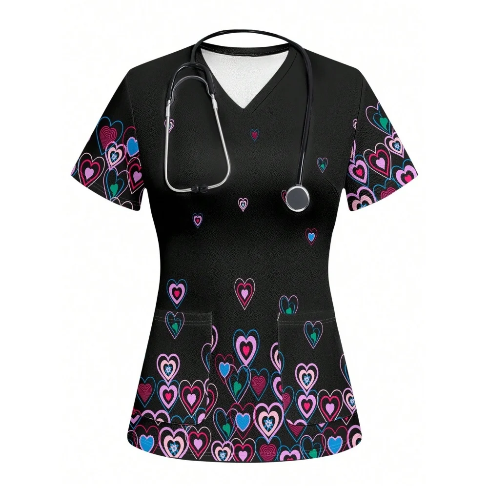 Heart Print V-Neck Stretchy Medical Uniform for Women Casual Short Sleeve Patched Pockets Tops Scrubs Medical Uniforms Woman