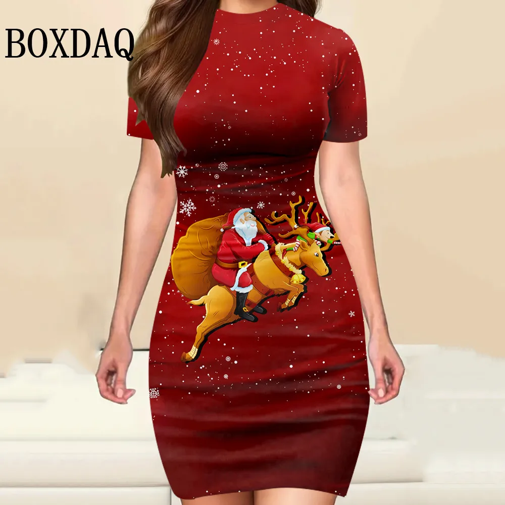 Rote Weihnachtsmann-Kleider für Frauen, 2025, Weihnachts-Elch-Druck, Partykleid, Sommer, lässiger Trend, kurze Ärmel, schlankes, figurbetontes Minikleid