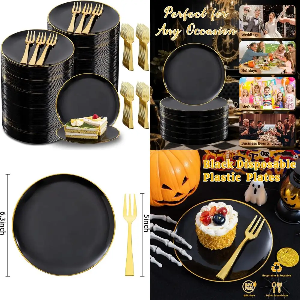 

Одноразовые десертные тарелки из черного золота с вилками - 200 шт. маленьких тарелок и 200 вилок для вечеринок и мероприятий