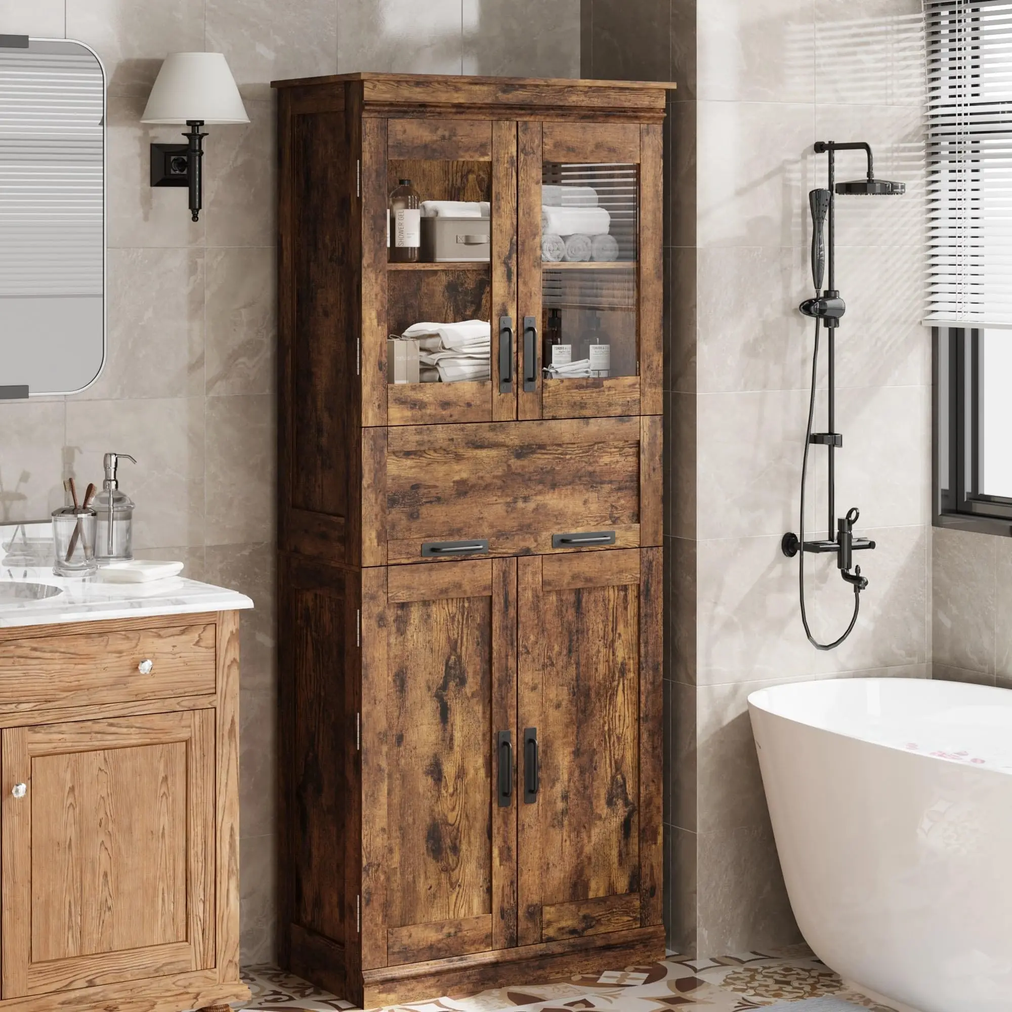 170cm Hoher Badezimmerschrank mit 4 Türen, Klappbarer Glasschublade, Verstellbaren Regalen, Freistehender Organizer für die Küche