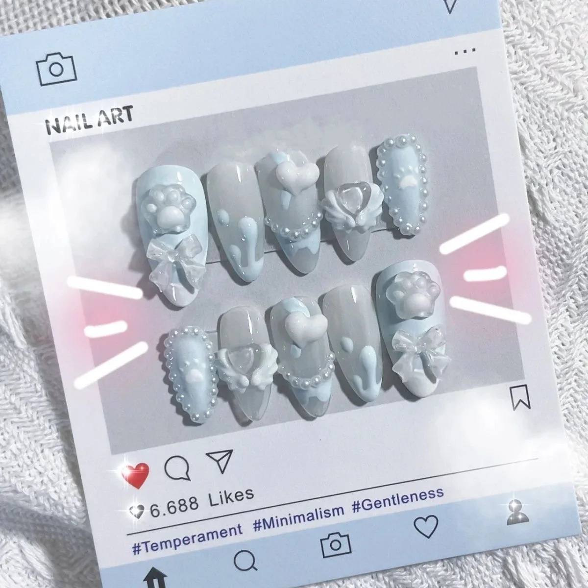 10pcs Handmade Light Blue Fake Nails 3D White Love Bow Design False Nails Wearable Full Finished Korean Sweet Girl Press on Nail