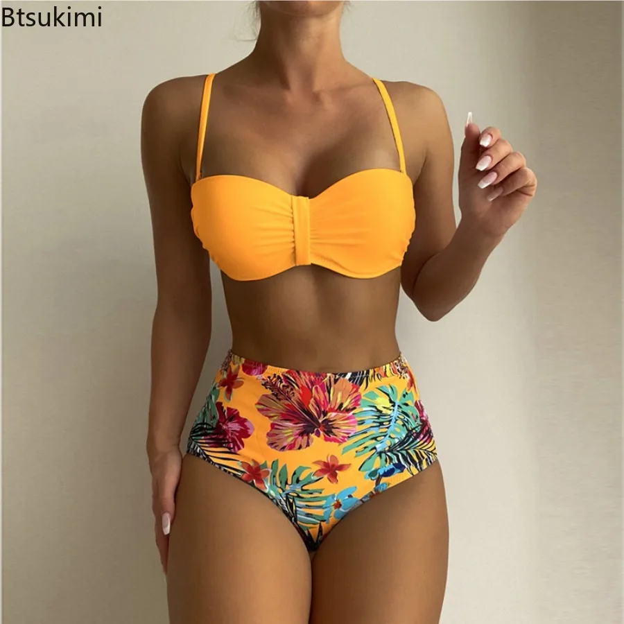 Frauen hohe Taille Bikinis Badeanzug sexy Push-up Bade bekleidung Mädchen orange Biquinis Blumen gedruckt Sommer Beach wear Split BH Höschen