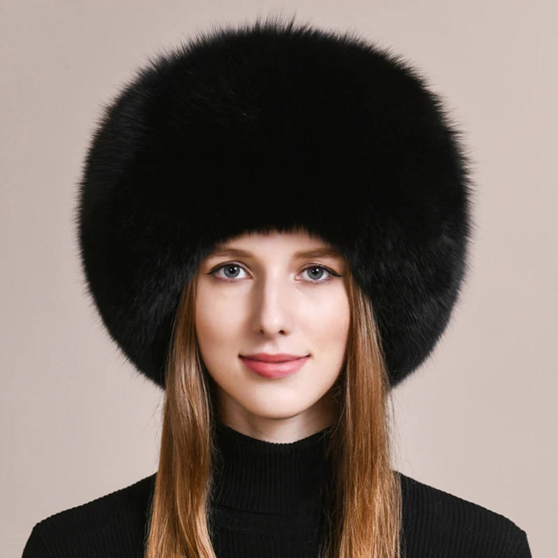 Winter Women Fox Fur Hat Fluffy Soviet Female Outdoor Warm Cap Snow Fur Hats 5 tails Real Fox Fur Cold Bomber Hats