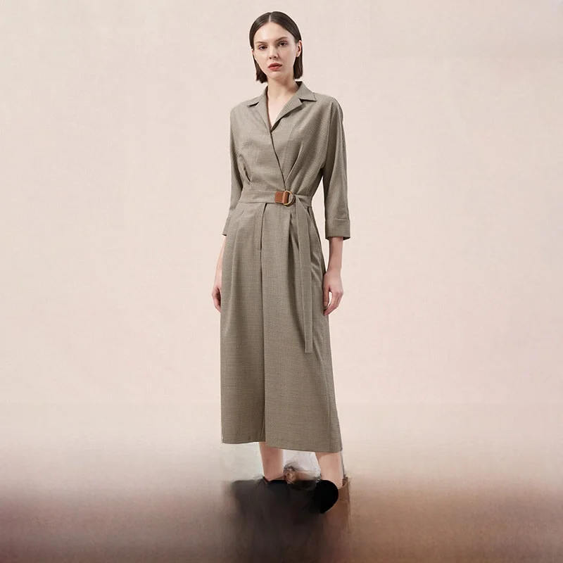 

Повседневный комбинезон в клетку с завышенной талией, весна 2026, бренд Aroma Fenshi, смесь полиэстера и вискозы, рукав три четверти, отложной воротник