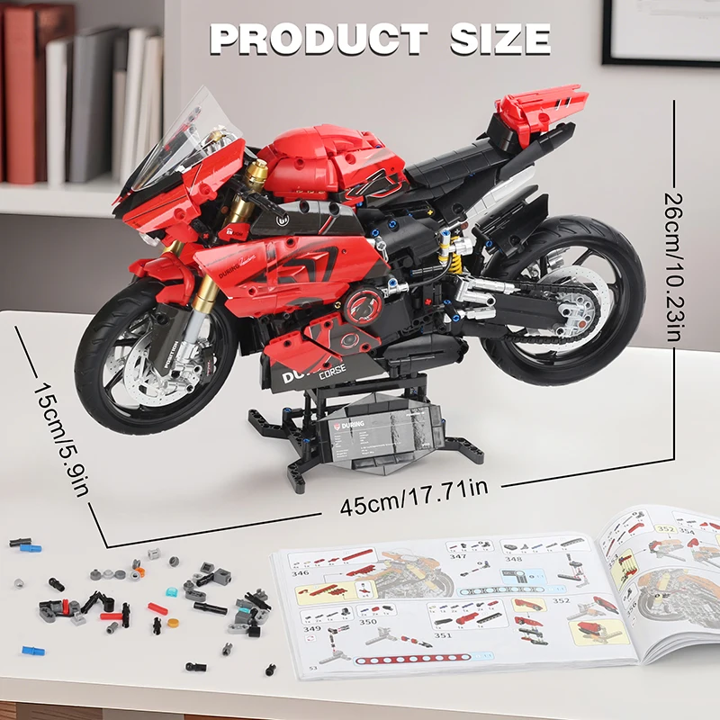 Bloques de construcción de motocicleta V4 rojos, Kit de modelo de motocicleta de carreras deportiva grande a escala 1:5, juguetes coleccionables para adolescentes y adultos, 2000 Uds.