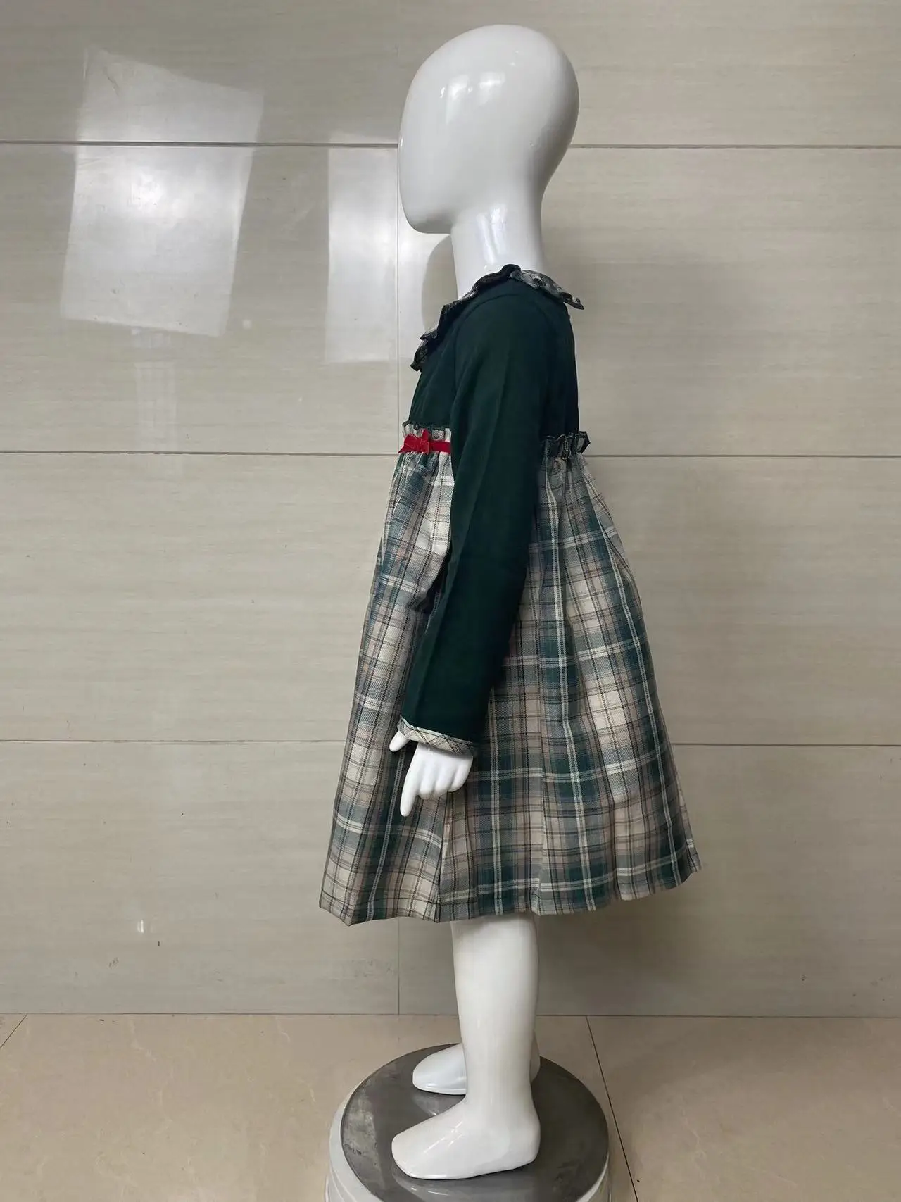 2023 Winter New Girls Dress Long Sleeve O Neck Sashes Patchwork Plaid Green Cute Designer Girls Princess Dress Vestido18M-6T