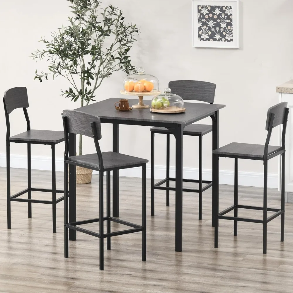 Bar Table Set, Bar Height for 4,Square Kitchen Table and Chairs Set with Footstool,Metal Legs,Industrial Dining Tables Set for 4