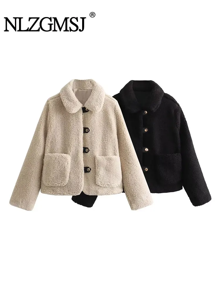 Nlzgmsj TRAF 2023 New Winter Women two-tone Short Faux Shearling Jackets Collared Jacket With Long Sleeves Warm Coats