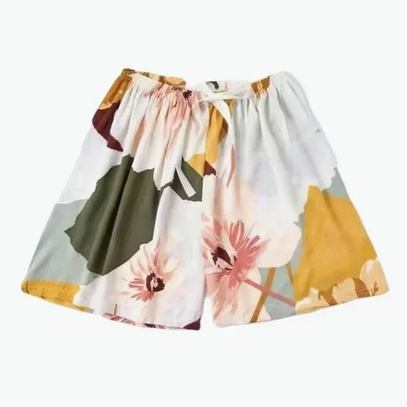 Summer Women Casual High Waist Shorts Pants Womens Bohemian Beach Lightweight Printed Drawstrings Elastic Waist Lounge Bottoms
