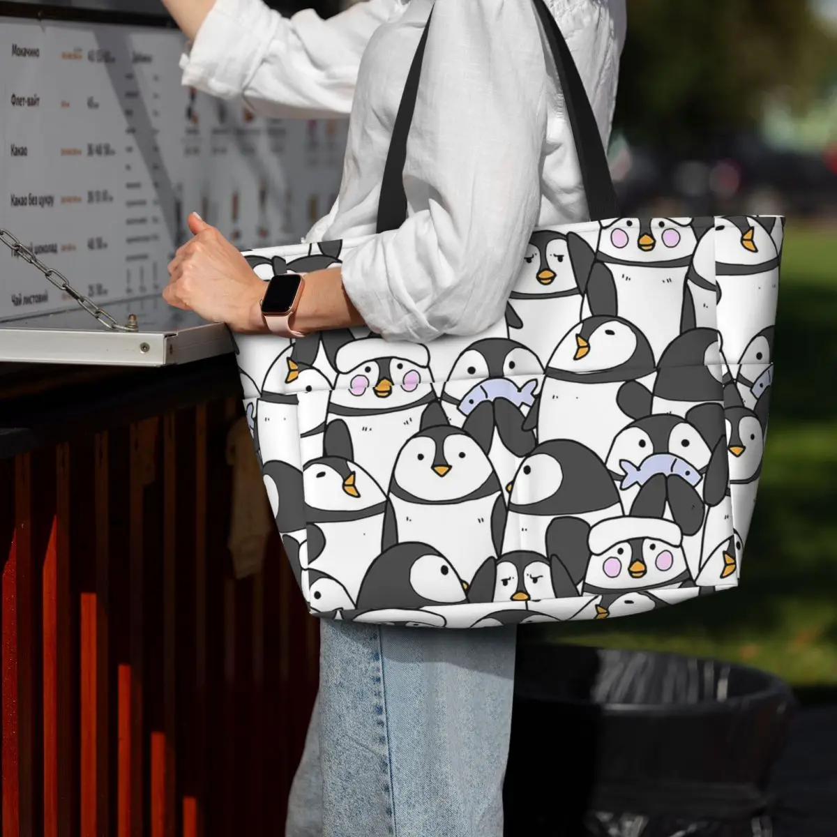 Hand Drawn Penguin Set Beach Tote Bag Sport Gym Yoga Duffle Large Tote Bag Women Travel Bag Fitness bag