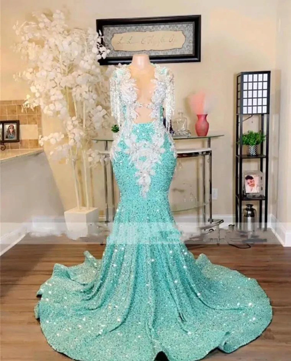 Sparkly Sequined Mint Green Prom Dress Pearls Beading Mermaid Appliques Embroidery Formal Party Evening Gowns Vestido De Fiesta