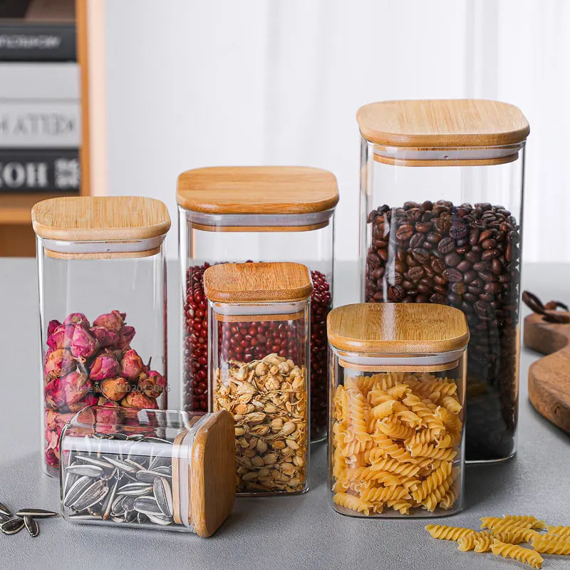 Kitchen Square Mason Jar with bamboo Cover For Spices Glass Container Glass Jars With Lids  Jar Kitchen Jars And Lids Wholesale