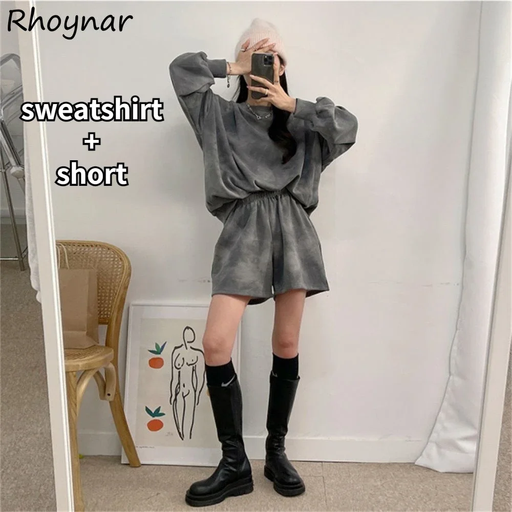 

Комплекты женских толстовок и шорт Tie Dye, повседневные универсальные весенне-осенние спортивные костюмы BF, свободные школьницы с круглым вырезом в корейском стиле