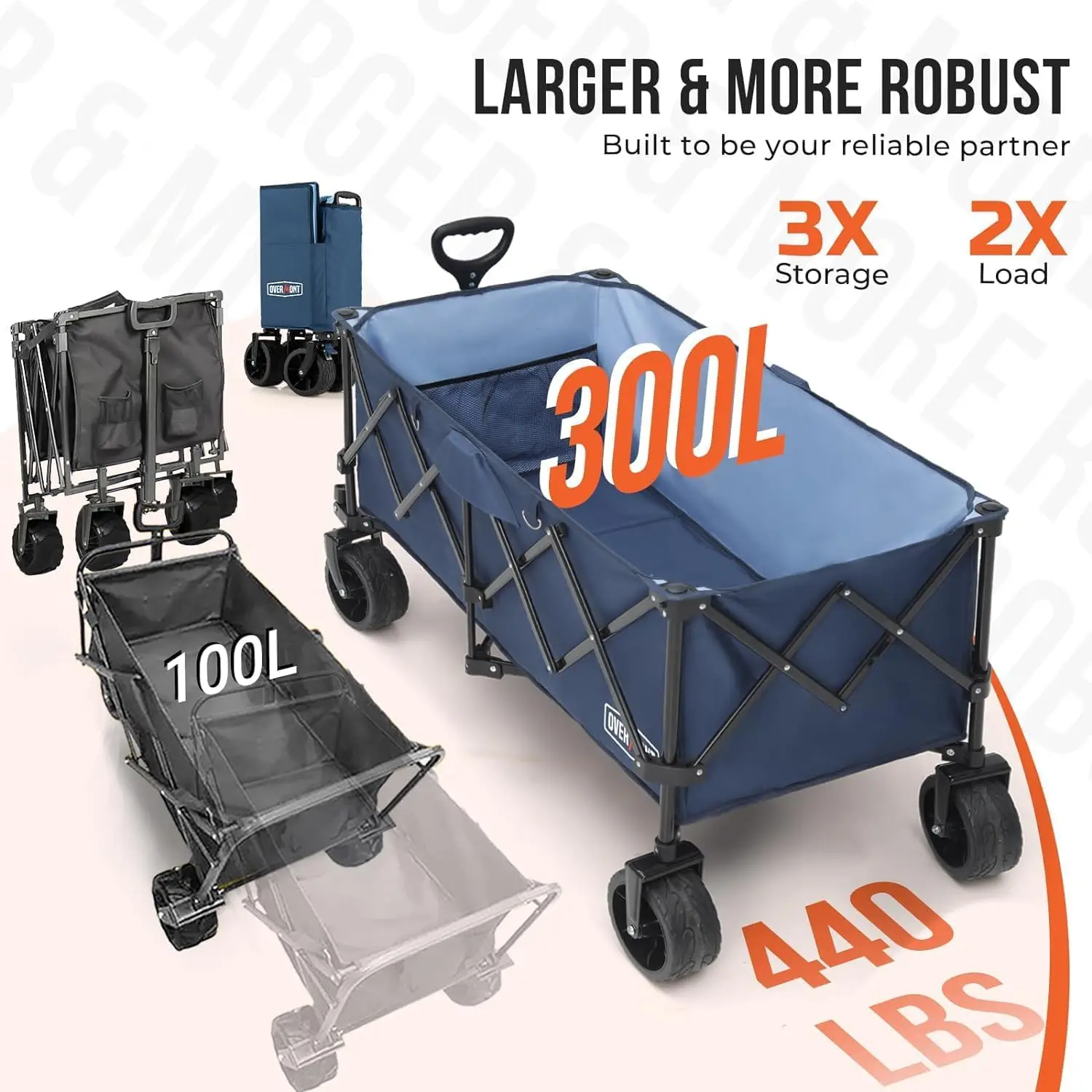 45'' Collapsible Foldable Extended Wagon Cart - 300L Heavy Duty 440lbs Large Capacity Folding Utility Wagon