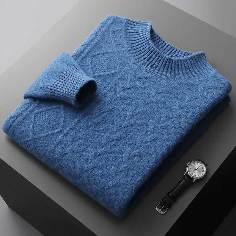 Pure woolen sweater men's half high round neck thick sweater autumn and winter new pullover business casual knitting bottom cash