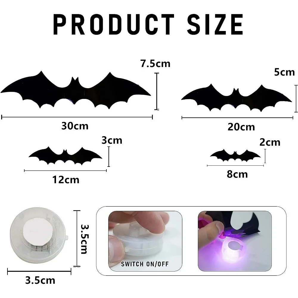 12/24 szt. Halloween nowa z nocnym Light Bat PET stereoskopowy nietoperz festiwalowa dekoracja nocna lampka na ścianę naklejka LED