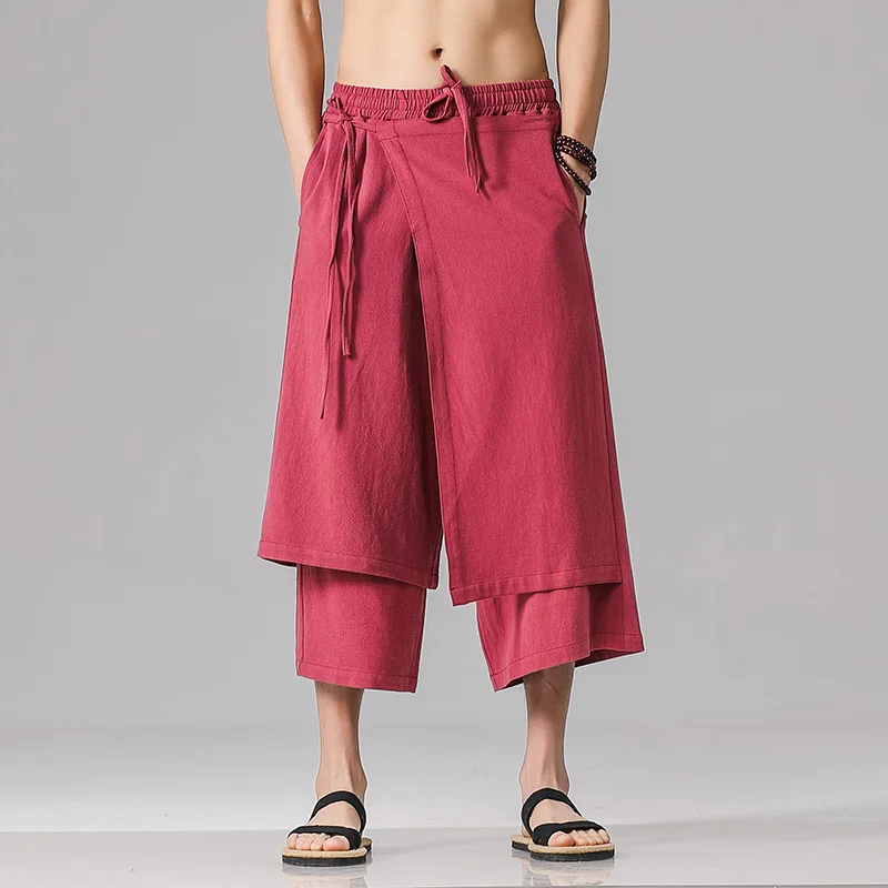 

Chinese Traditional Dress Plus Size Linen Pants Summer Fake Two Loose Retro Cropped Pants Men Clothing Ethnic Style Casual Hanfu