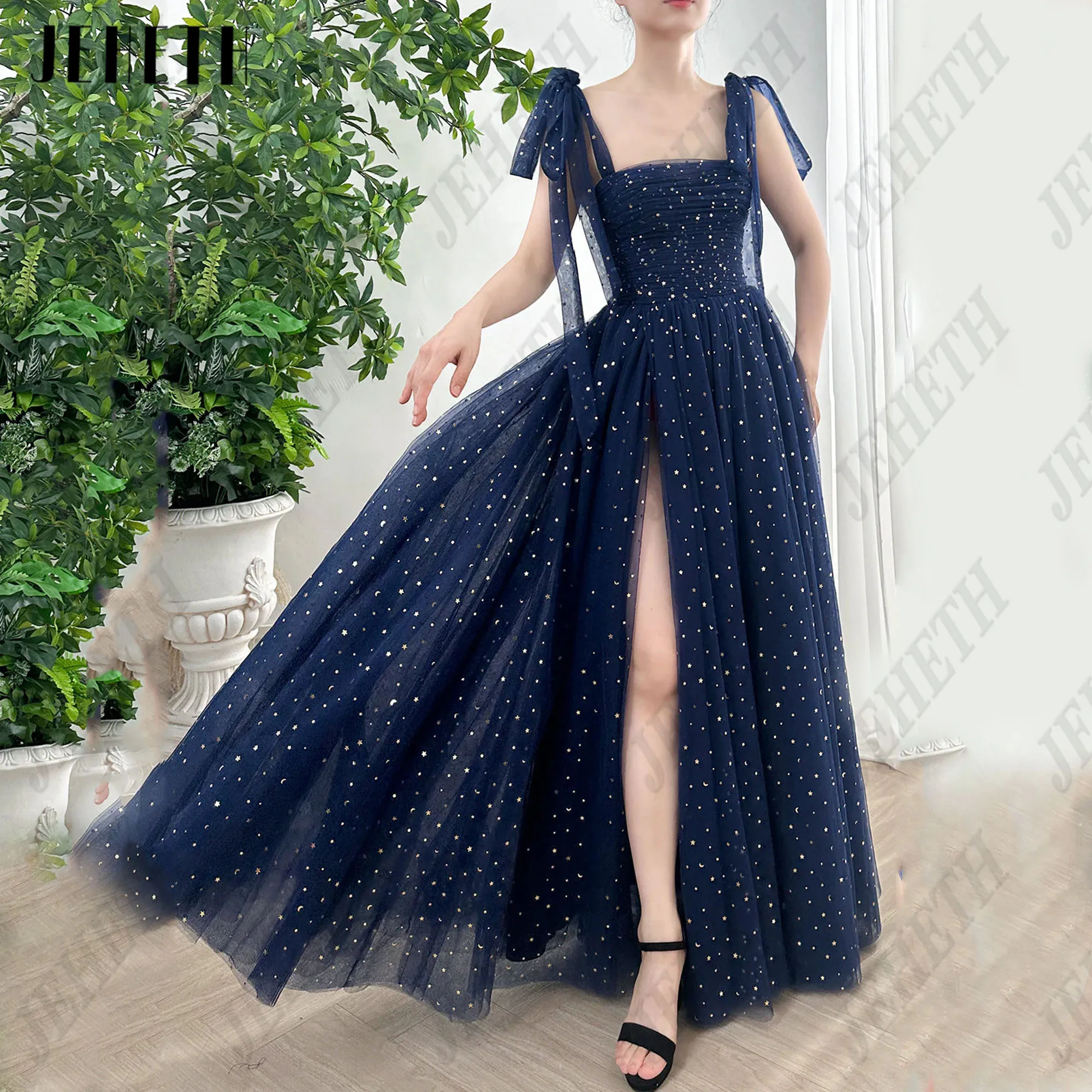 JEHETH Shiny A-Line Long Prom Dresses For Graduation Side Split Tulle Formal Evening Dress Spaghetti Straps Corset Party Gowns