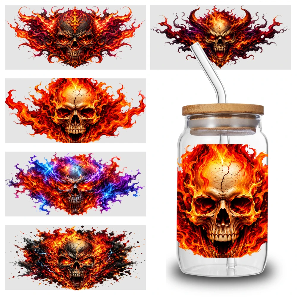 5 Sheets Flaming Skull UV DTF Stickers Waterproof Rub on Transfers Mug Decoration Gift Suitable for 16 oz Glass