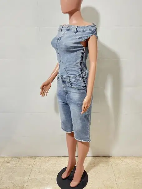 

Women Casual Fashion One Shoulder Slim Denim Jumpsuit Personalized Street Style Summer New Style Female Casual Short Jumpsuits
