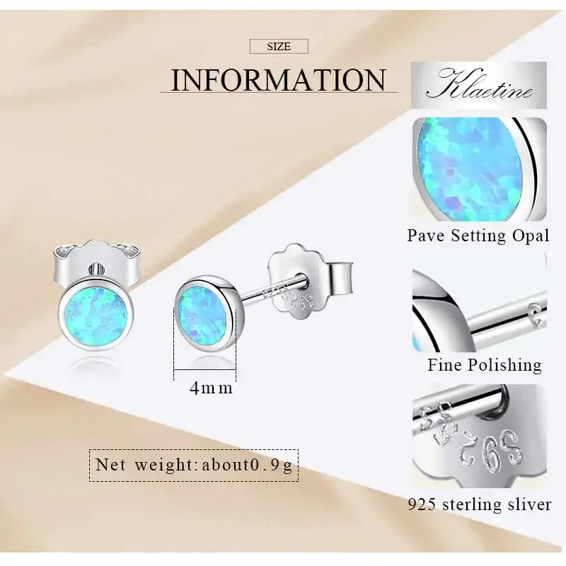 KALETINE Blue Opal 925 Sterling Silver Stud Earrings For Women Gift Back for Tiny Earrings Fashion Jewelry 4mm/5mm/6mm/7mm/8mm