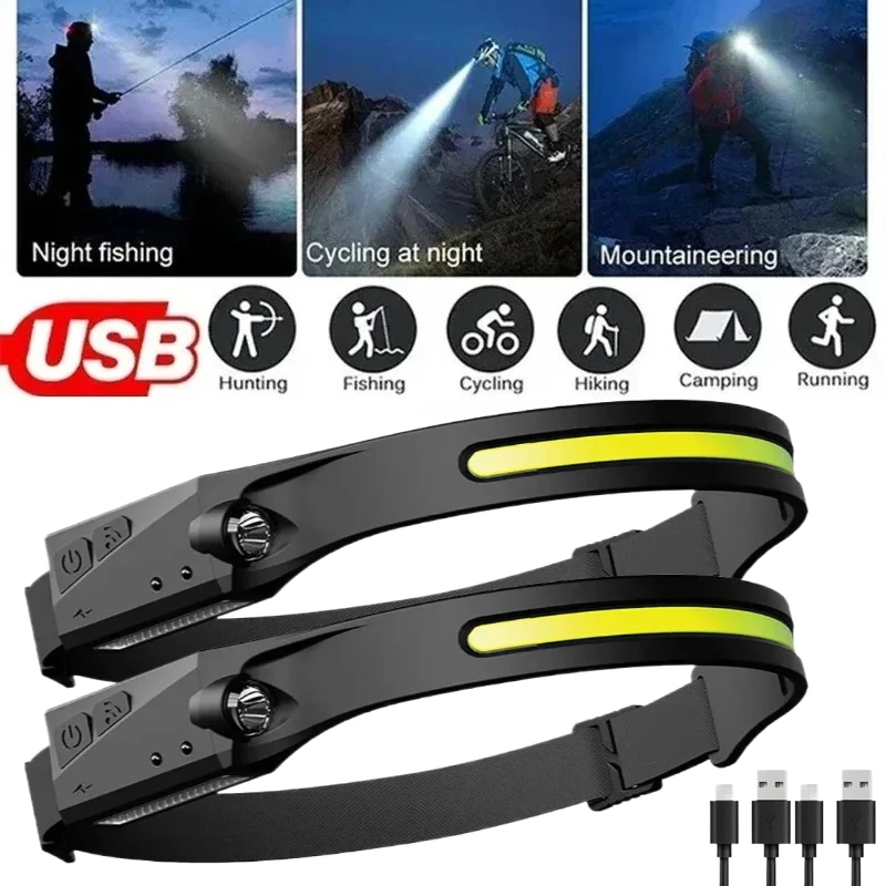 LED Motion Sensor Headlamp Built-in Battery USB Rechargeable Head Flashlight with 5 Lighting Modes for Outdoor Camping Lantern