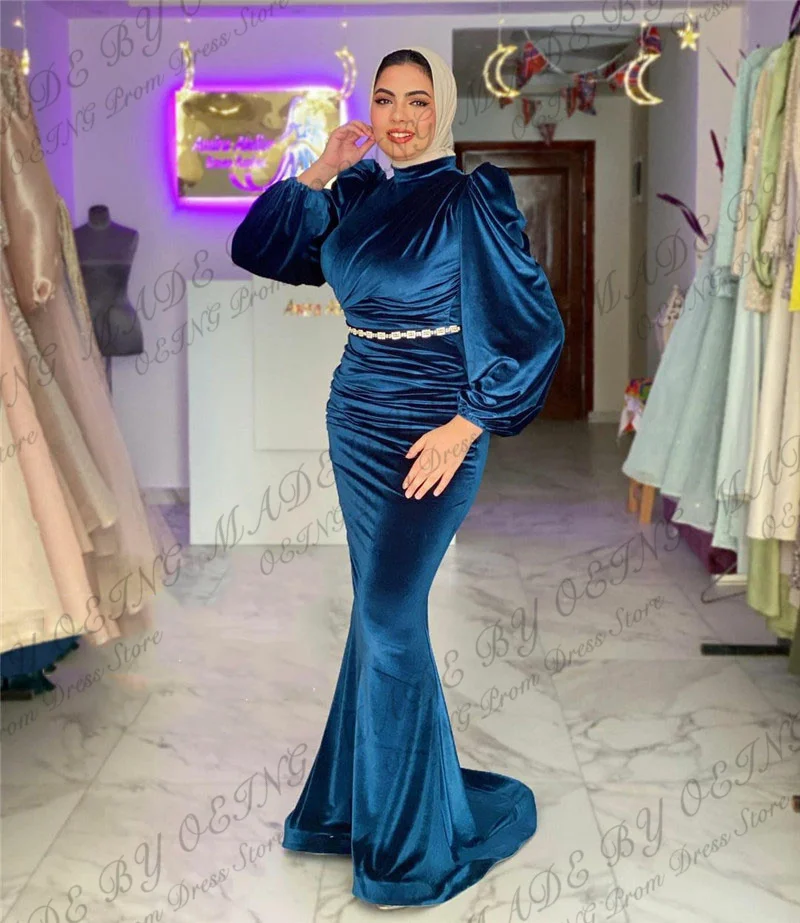 OEING Blue Muslim Arabic Women Evening Dresses Long High Neck Velvet Glitter Silk Formal Prom Gowns Formal Occasion Dress