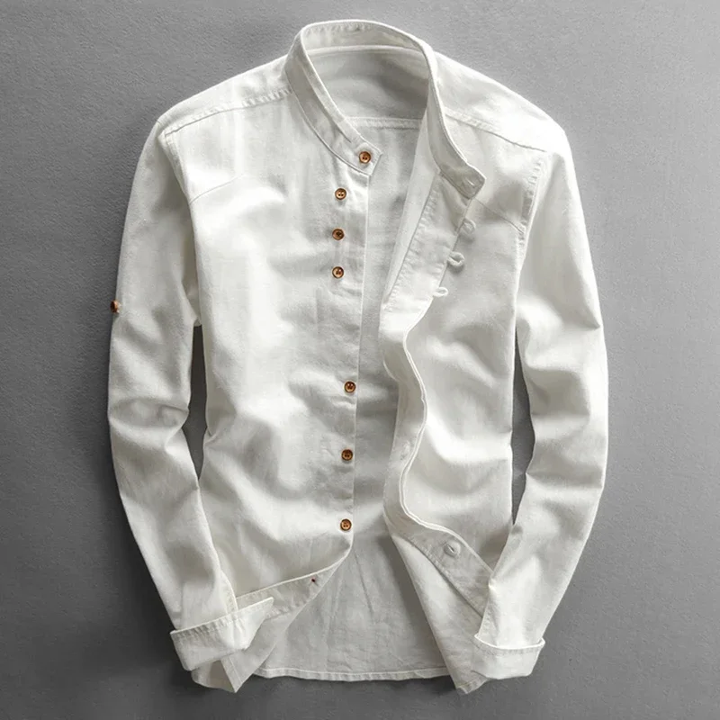 

Men Cotton Linen Shirt Formal Retro Chinese Style Long Sleeve Mandarin Collar Casual Shirts Soft Comfort Clothing 7XL