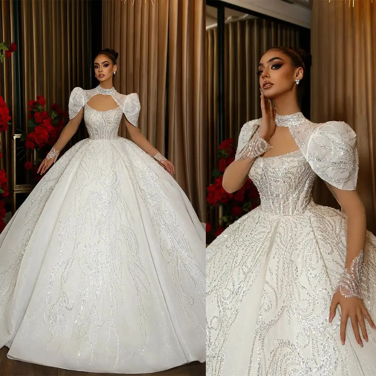 

2026 New Gorgeous Ball Gown Wedding Dresses High Collar Sequined Rushed Floor-Length Bridal Gowns Vestido de novia Custom