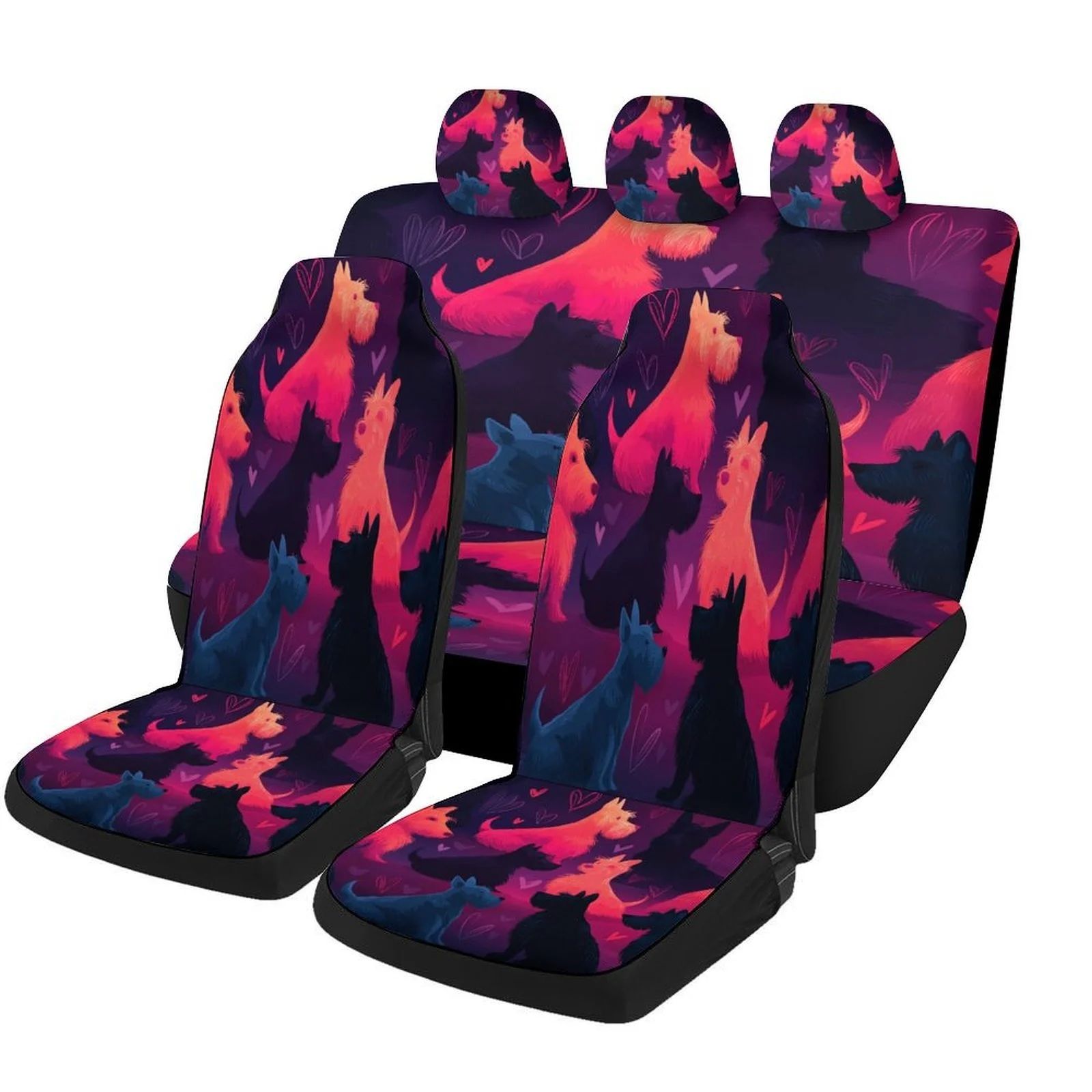 Fit Dog & Hearts Themed Car Seat Covers Suitable For Most Cars - Full Set For Front & Rear Seats With Paw Print & Bone Patterns,