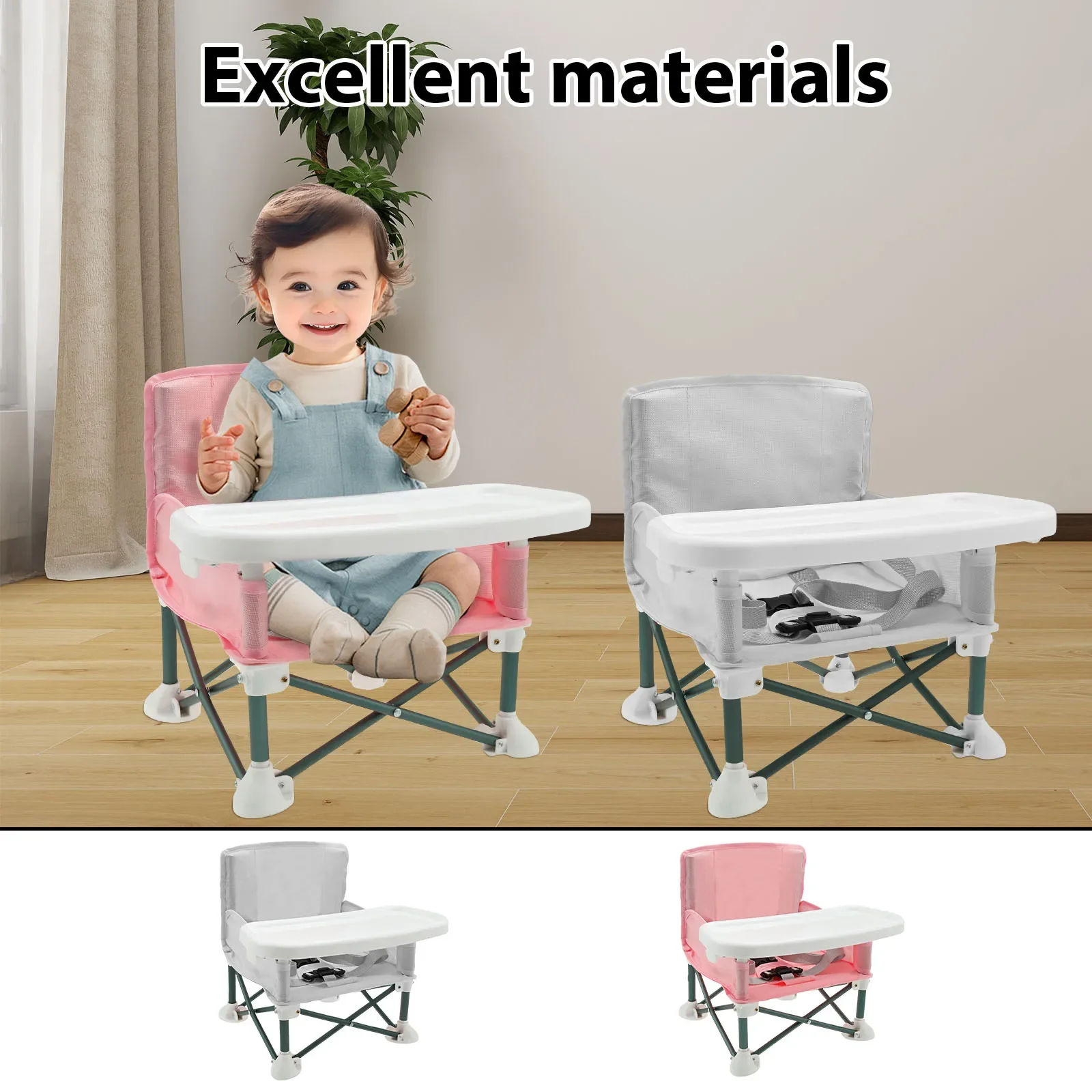 Toddler Booster Seat with Child Safety Belt Dining Chair Portable Travel Folding Kids With Feeding Tray for Indoor Outdoor Beach