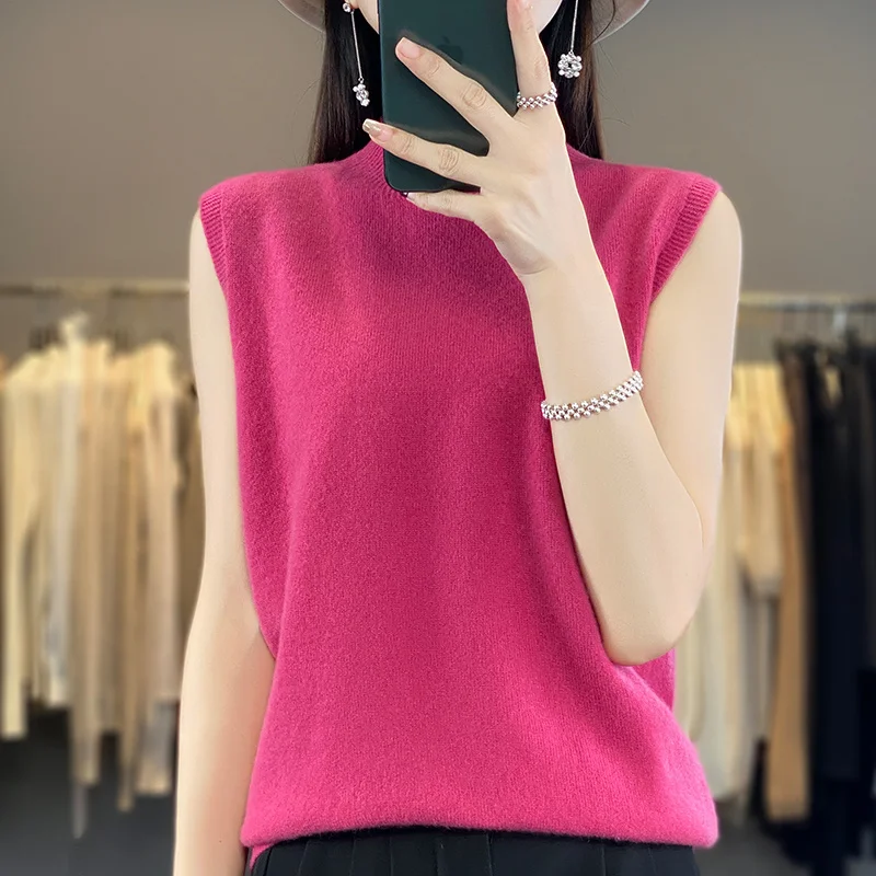 Женский свитер без рукавов из 100% чистой мериносовой шерсти, кашемировый вязаный пуловер с полувысоким воротником, однотонный высококачественный повседневный топ WQ811