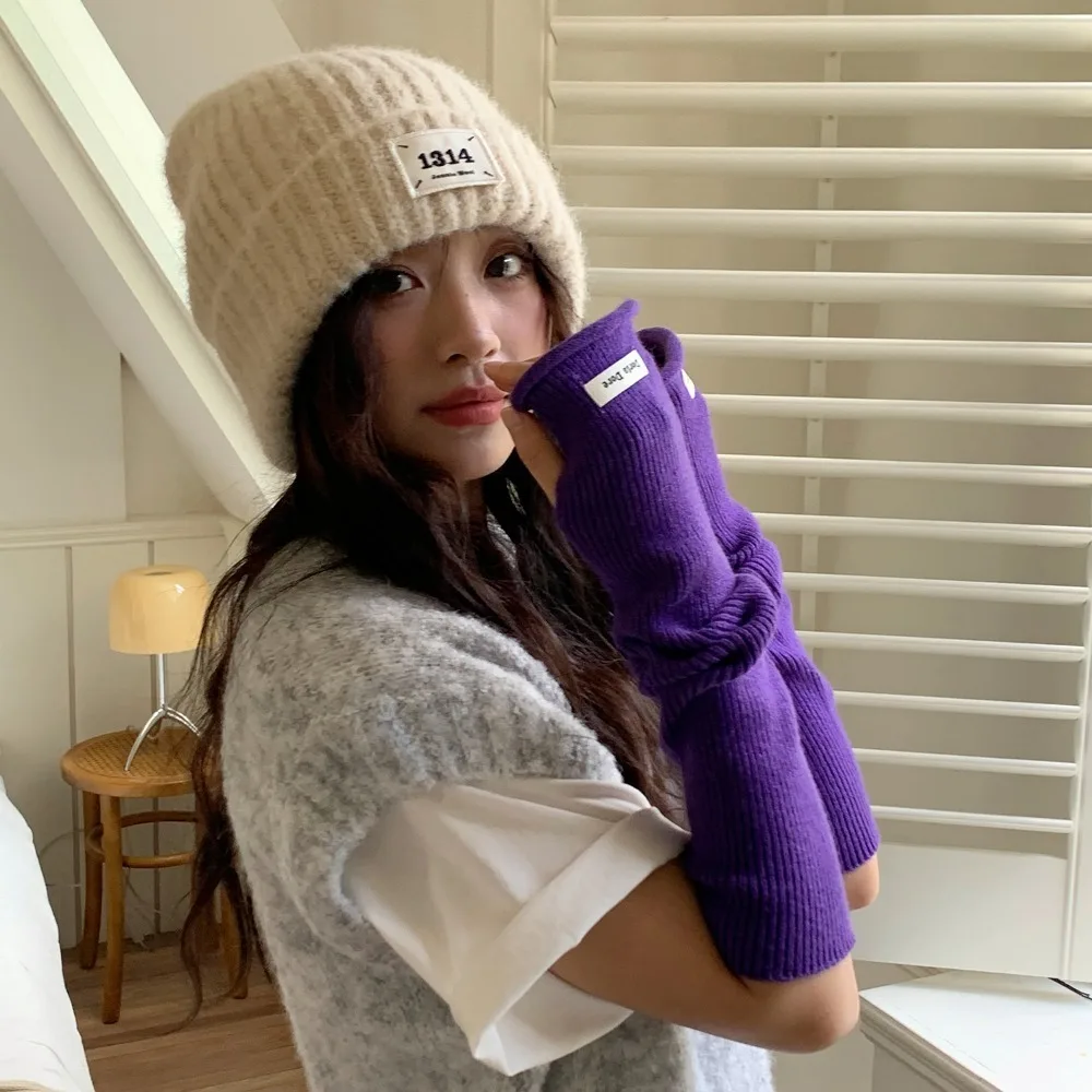 Korean Style Knitted Warm Sleeves Hole Solid Color Long Fingerless Sleeves Spicy Girl Y2k Warm Arm Covers Streetwear