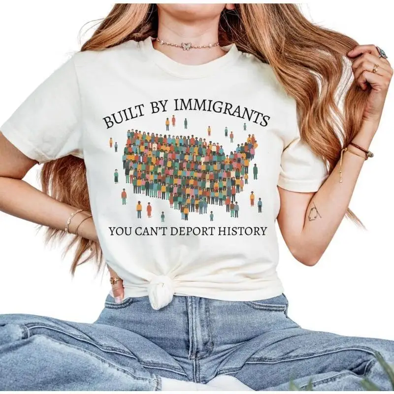 

Women Built By Immigrants T-Shirt USA Map Diversity Graphic Tee Short Sleeve History Quote Social Justice Casual Top