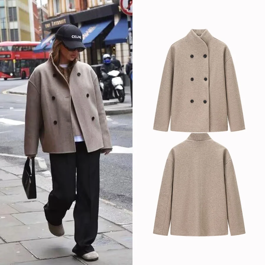 

2025 Autumn Winter New Fashion Women Double Breasted Elegant Woolen Coat Long Sleeve Stand Collar Outerwear Chic Lady Outfits