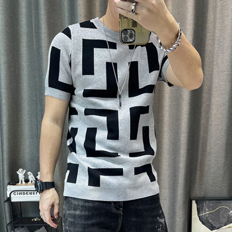 3 Color Men Summer Knitted Tshirt 2022 Korean O-neck Short Sleeve Top Tees Streetwear Male Social Club Slim Fit Casual T-Shirt