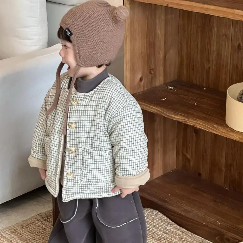 

2025 Winter New Children Long Sleeve Warm Plaid Coat Baby Girls Plus Velvet Thick Cotton Padded Jacket Boys Girls Fleece Coat