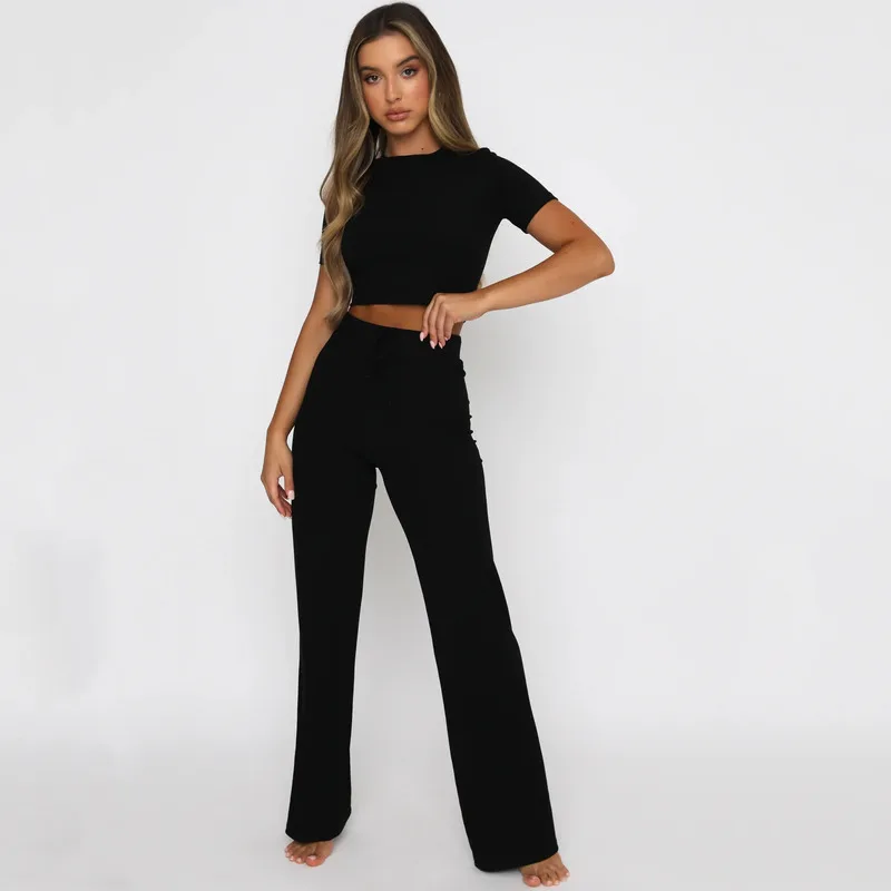 2024 Summer Autumn New Women's Fashion Casual Suit High Elastic Slim Short Sleeve Wide Leg Pants Sports Style Two-piece Set