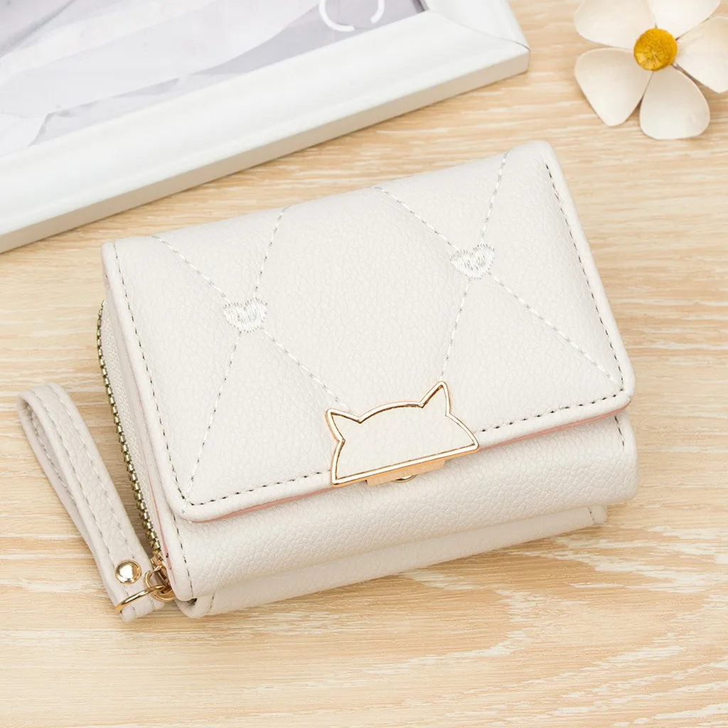 Women Wallet Cute Cat Minimalist Multi-Color Pu Leather Tri-Fold Coin Purse Premium Minimalist Multi-Slot Card Holder Money Bag