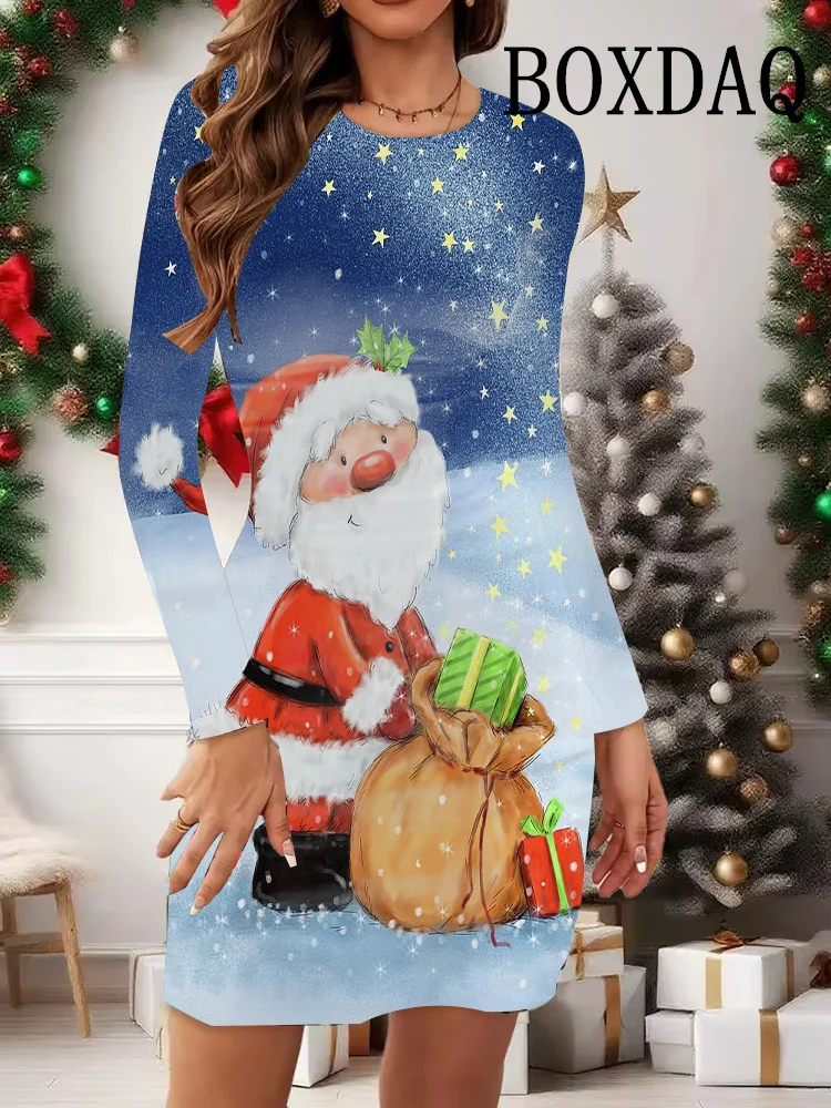 Vestidos con estampado de muñeco de nieve de Navidad para mujer, minivestido ajustado de manga larga con estampado 3D de copos de nieve de Navidad a la moda 2025