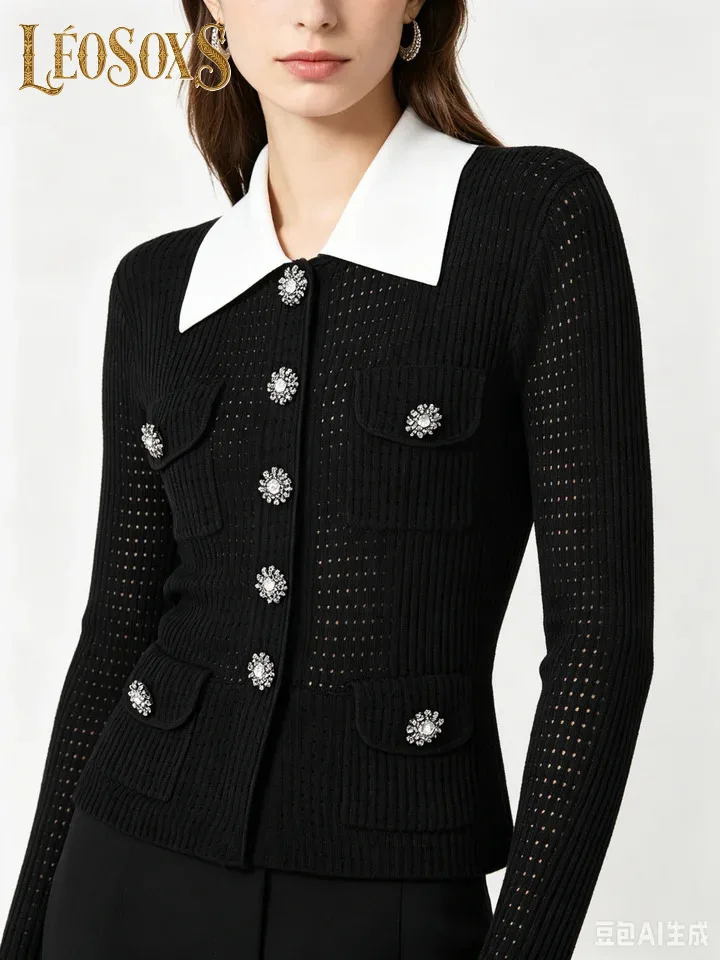 LEOSOXS HighEnd Quality Spring And Autumn New Fashion Nail Drill Button Knitted Versatile Women's Lapel Top Cardigan Jacket