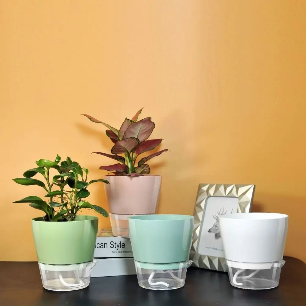 Drainage Hole Self Watering Flower Pot Clear Saucer Reservoir Plastic Resin Material Automatic Water Absorbing Planter