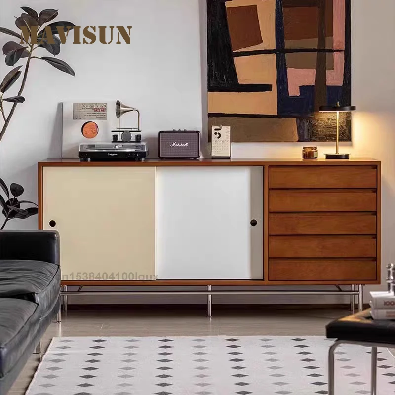 

Italian Modern Style Metal Mixed, Two - Tone Sliding Door Cabinet With Metal Legs Household Unique Design Storage Side Cabinet