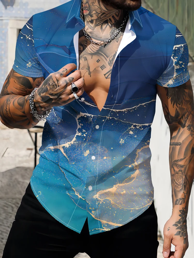 

Summer new men's shirt marble pattern 3D digital printing men's short-sleeved shirt loose Korean style fashion shirt