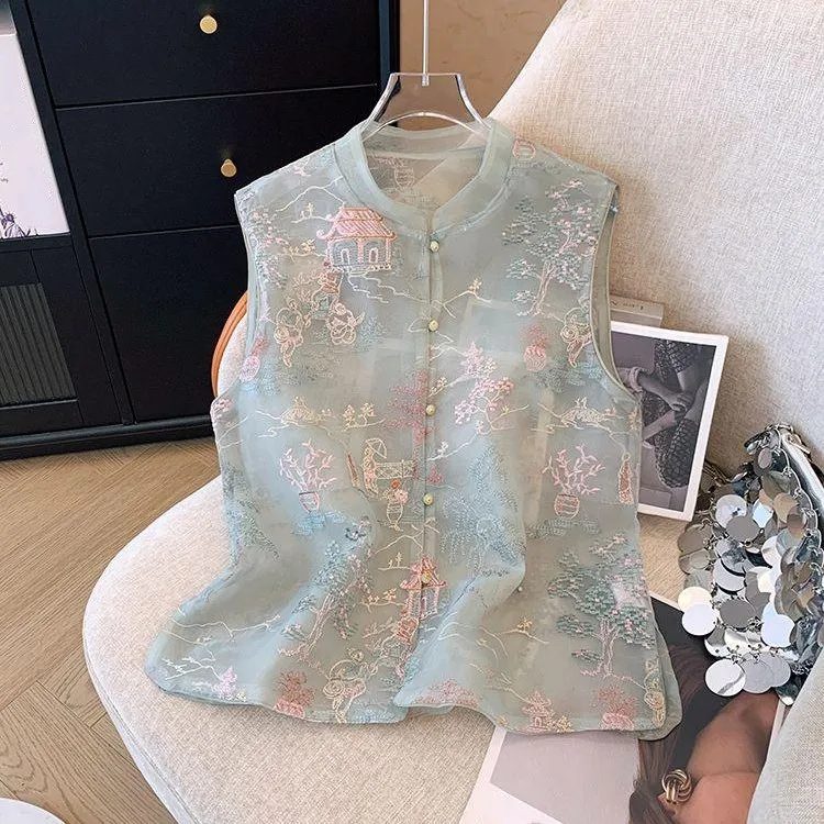 

Summer Thin Embroidered Tops Cardigan Vests Chinese Style Outfit Woman Clothes Harajuku Tang Costume Blusas Fashion Women Vest