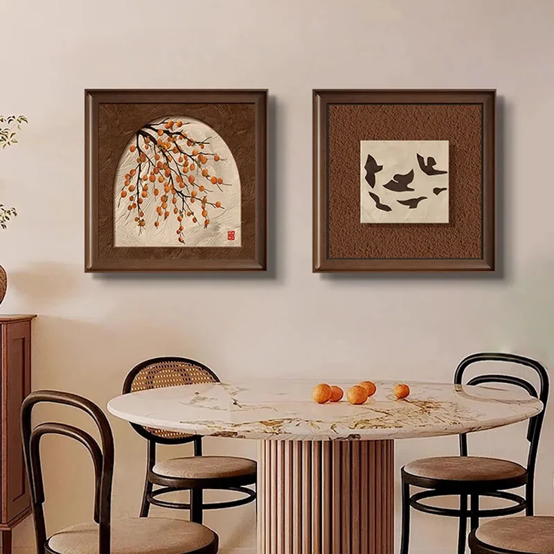 2Pcs Swallow Framed Wall Art, Chinese Oriental Bird Flower Painting Poster, Wood Frame Decor for Entryway Living Room Wall