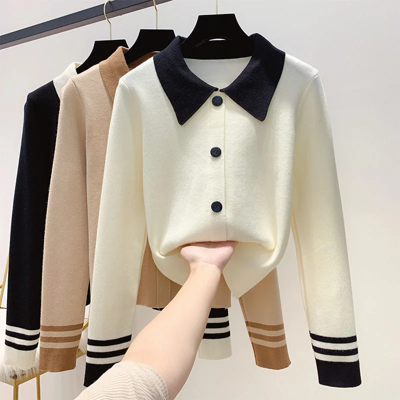 Sweet Turndown Collar Knitted Pullovers Women New Elegant Button Sweater Feminino Long Sleeve Fall Knit Tops Ropa Mujer E814