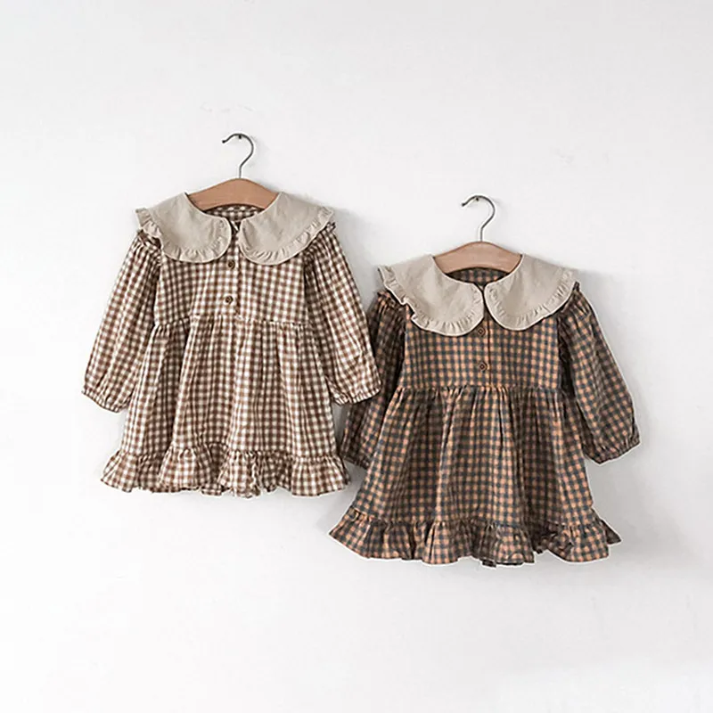 Spring Autumn Girls Clothing Cute Children Dresses Kids Baby Girl Plaid Cotton Linen Lapel Collar Dress Long Sleeve Skirt